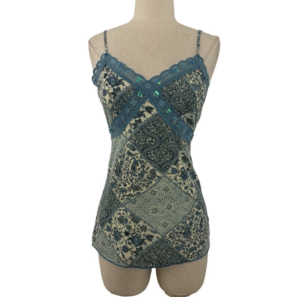 Vtg Y2K Xhilaration Mesh Paisley Cami Shirt Sz S Blue Sequins Spaghetti Strap